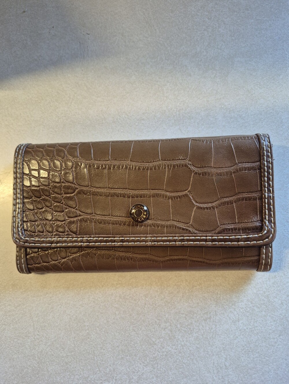 Tommy Hilfiger Brown Croc-Embossed  Wallet with Snap Closure